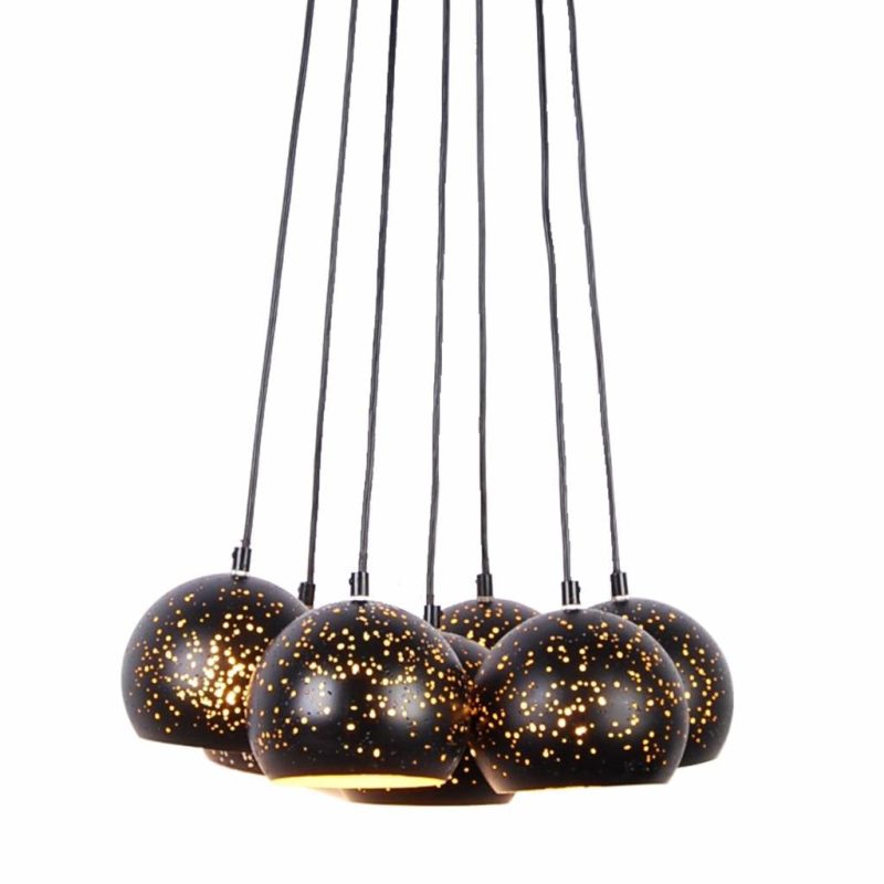 Suspension Fragor 7 lampes noir doré, culots E27 verre