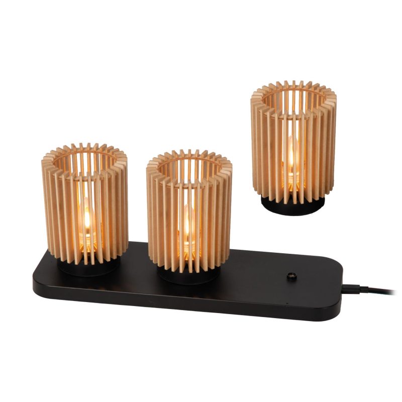LUCIDE KIM - Oplaadbare Tafellamp - Accu/Batterij - Ø 8 cm - LED 3 StepDim - Lichte houtlook - Set van 3 - Essential