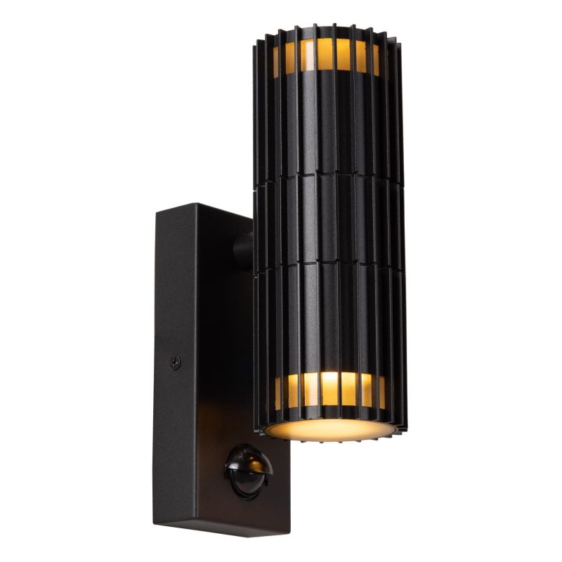 LUCIDE TIMBALA - Aplique / Lámpara de Pared Interior/Exterior - 2xGU10 (MR16) - IP44 - Sensor de Movimiento & Día/Noche - Negro - Essential