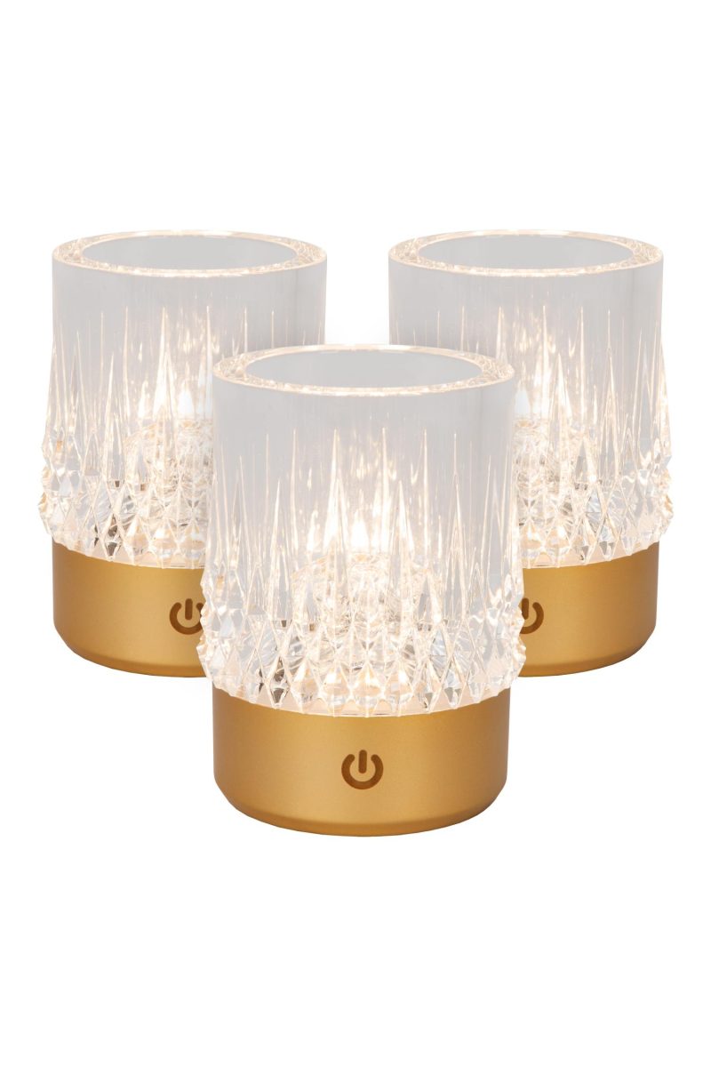 LUCIDE LILY - Lampe de Table Rechargeable - Accu/Batterie - Ø 8 cm - LED 3 StepDim - 1x3W 2700K/3000K - Or Mat / Laiton - Set de 3