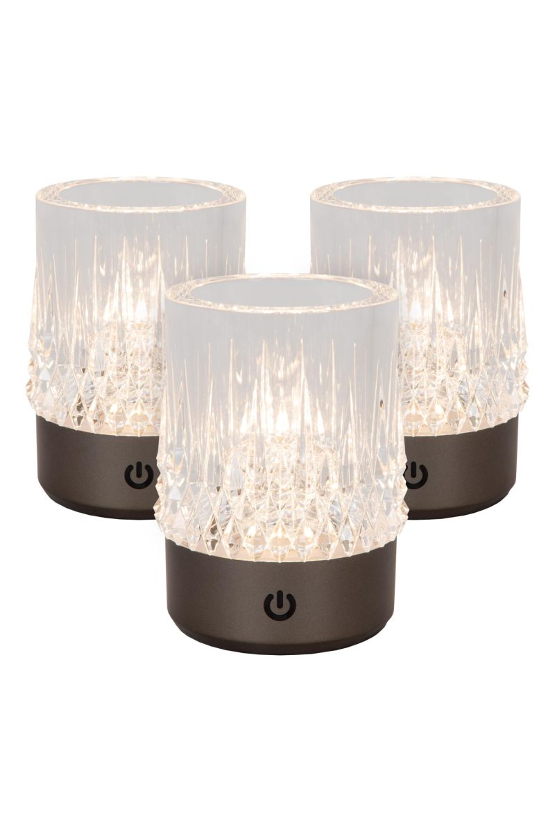 LUCIDE LILY - Lampe de Table Rechargeable - Accu/Batterie - Ø 8 cm - LED 3 StepDim - 1x3W 2700K/3000K - Chrome Noir - Ensemble de 3