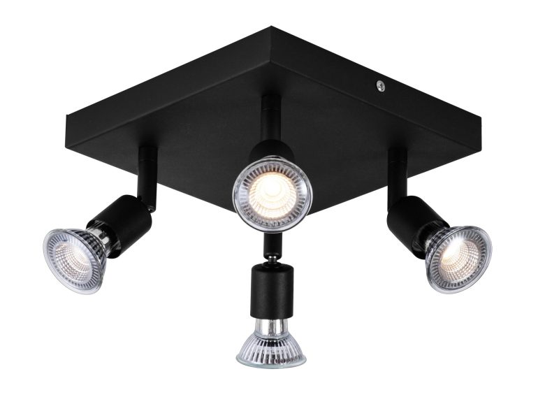 Fantasia Rune ceiling light square 4x GU10, black metal with glass, 200mm