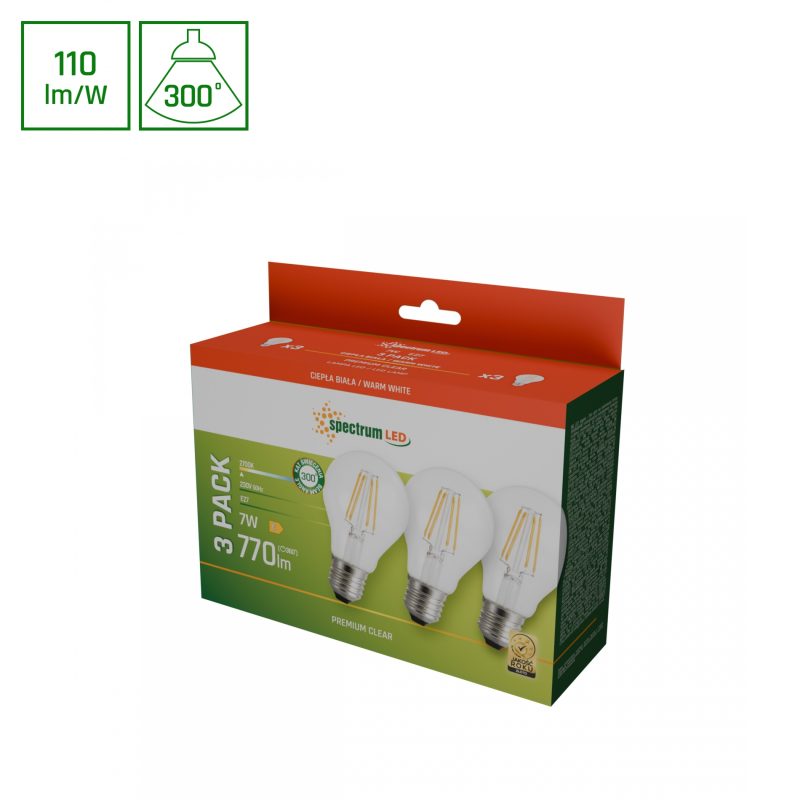 Spectrum LED LED GLS E-27 230V 7W COG WW CLEAR SPECTRUM 3-PACK
