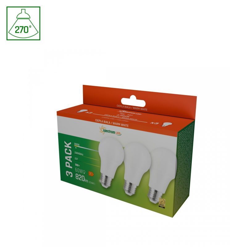 Spectrum LED LED GLS E-27 230V 9W WW SPECTRUM 3-PACK