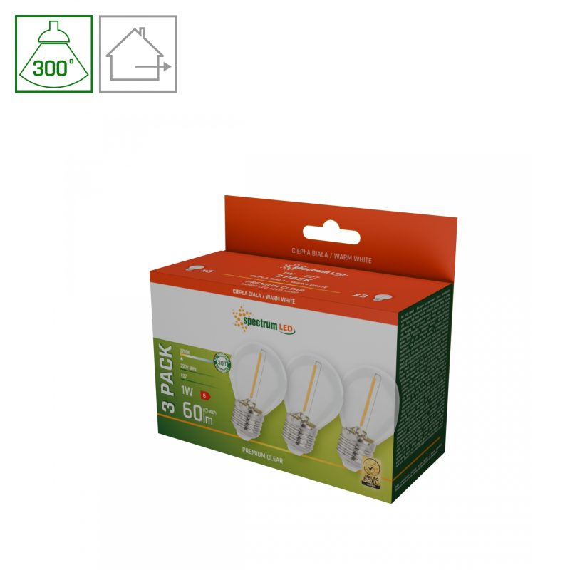 Spectrum LED LED KULKA E-27 230V 1W COG WW CLEAR SPECTRUM 3-PACK