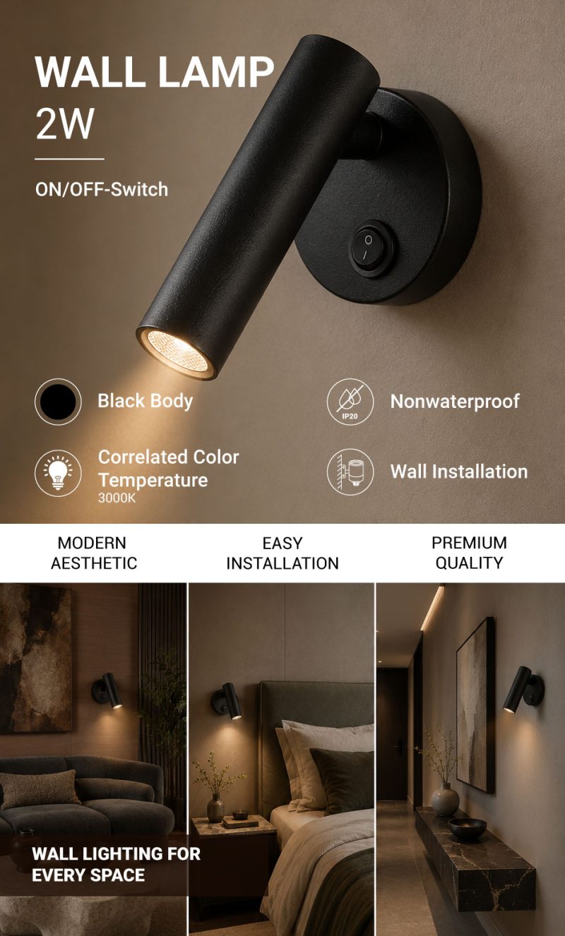 Optonica LED Cabinet Light 2W With ON/OFF-Switch Black