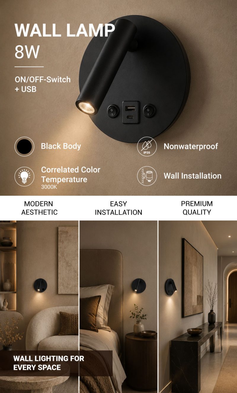 Optonica LED Cabinet Light 8W With ON/OFF-Switch + USB Black