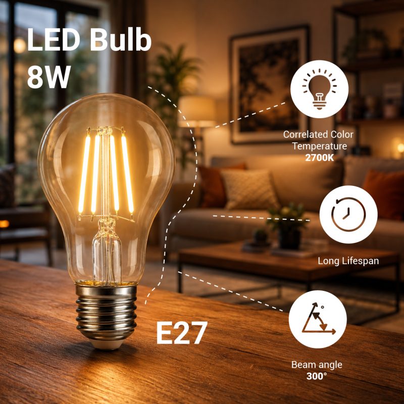 Optonica LED Bulb A60 8W Filament Clear Glass Dimmable