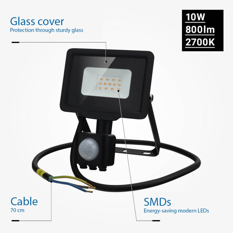 Optonica LED SMD Floodlight Black City Line With PIR Sensor Cable 70 cm
