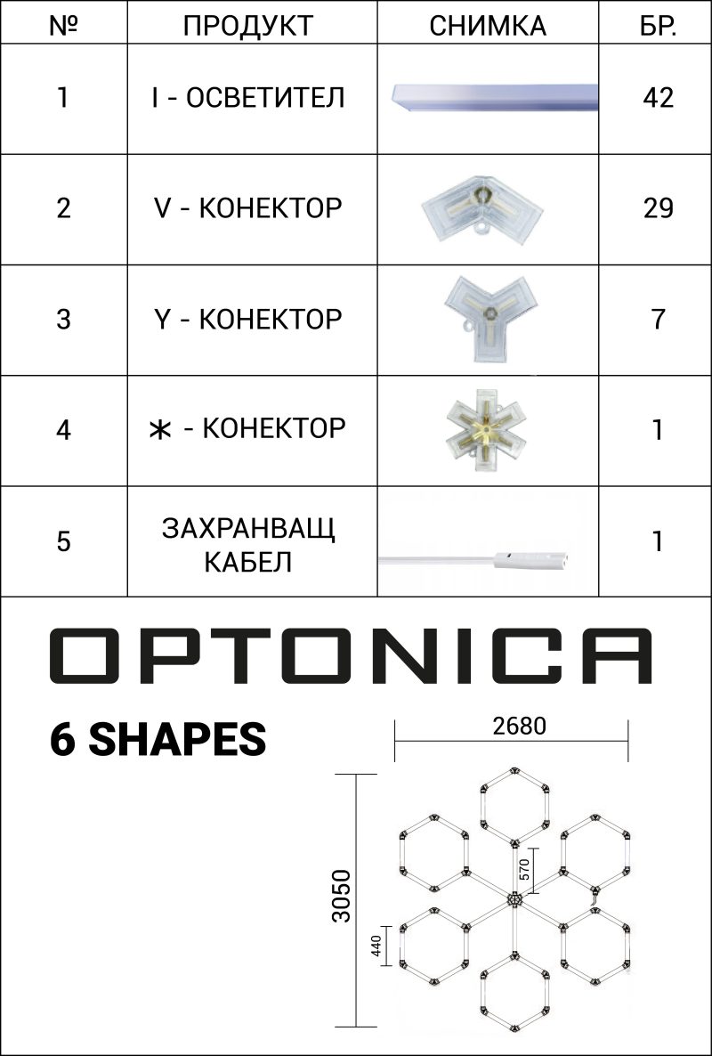 Optonica Hexagon SET Lights 6 SHAPES 306W with Accessories