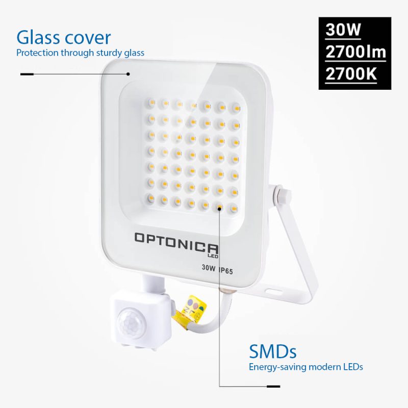 Optonica LED SMD Floodlight White Body IP65 With Sensor