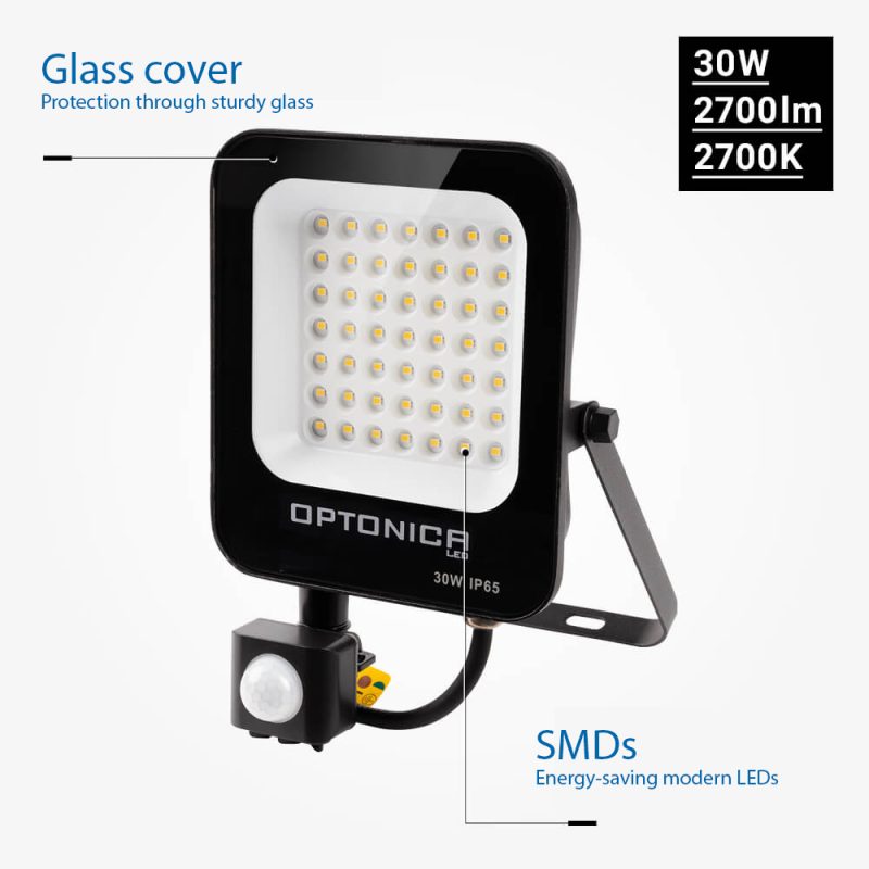Optonica LED SMD Floodlight Black Body IP65 With Sensor
