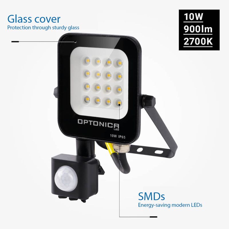 Optonica LED SMD Floodlight Black Body IP65 With Sensor