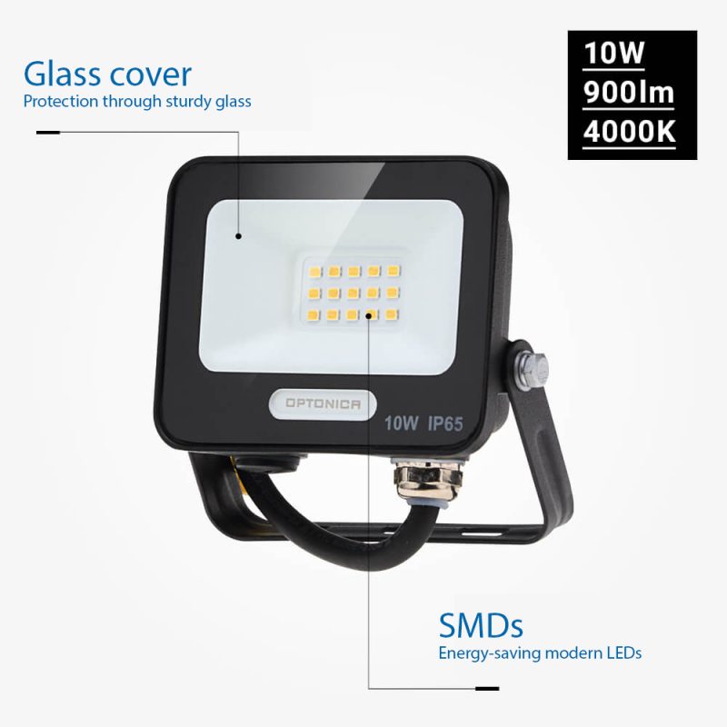 Optonica LED SMD Floodlight Corpo Nero IP65 con Cavo da 15 cm