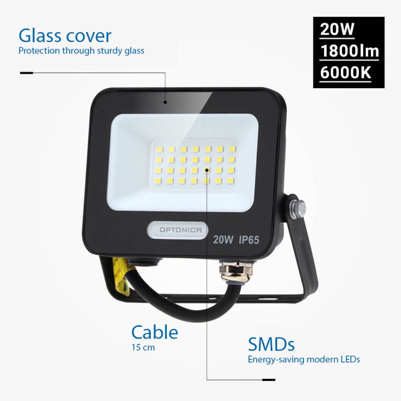 Optonica LED SMD Floodlight Corpo Nero IP65 con Cavo da 15 cm