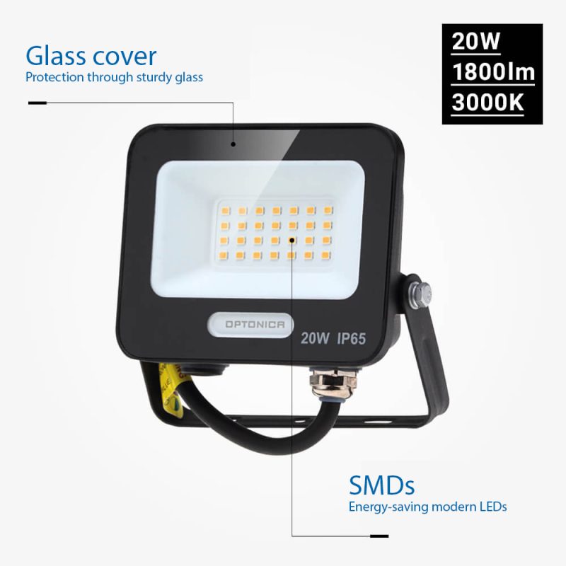 Optonica LED SMD Floodlight Black Body IP65 with 15 cm Cable