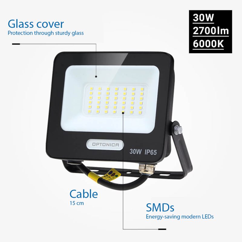 Optonica LED SMD Floodlight Black Body IP65 with 15 cm Cable