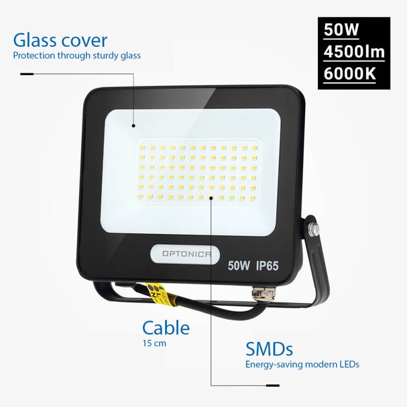 Optonica LED SMD Flutlicht Schwarzer Körper IP65 mit 15 cm Kabel
