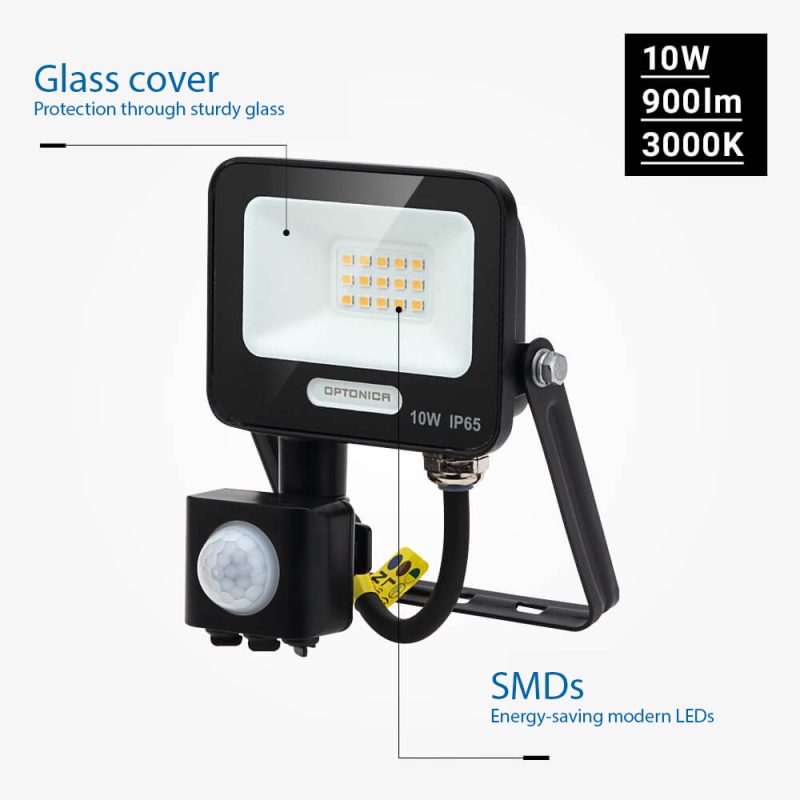 Optonica LED SMD Floodlight IP65 Black Body with Sensor