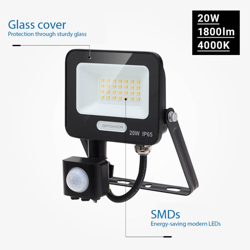 Optonica LED SMD Floodlight IP65 Black Body with Sensor