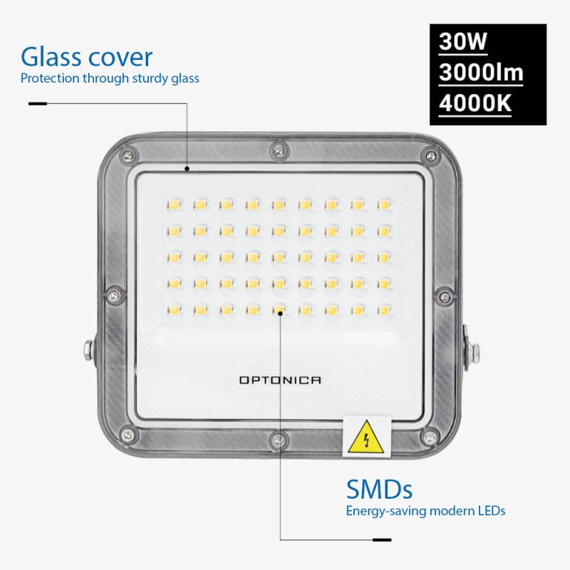 Optonica LED SMD Floodlight 30W Grey Body IP65 with 100cm Cable