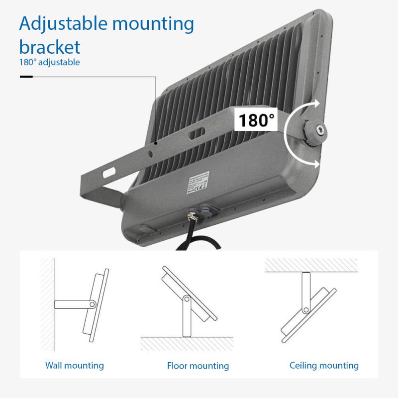 Optonica LED SMD Floodlight 300W Corpo Grigio IP65 con Cavo da 100cm