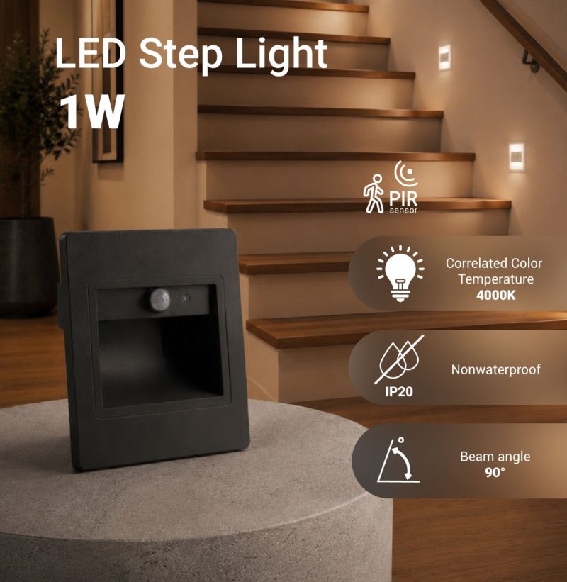 Optonica LED Step Light Square 1W 4000K IP20 Grey + Sensor