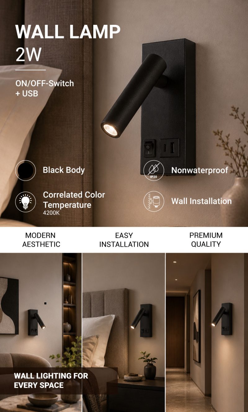 Optonica LED Cabinet Light 2W With ON/OFF-Switch + USB Black