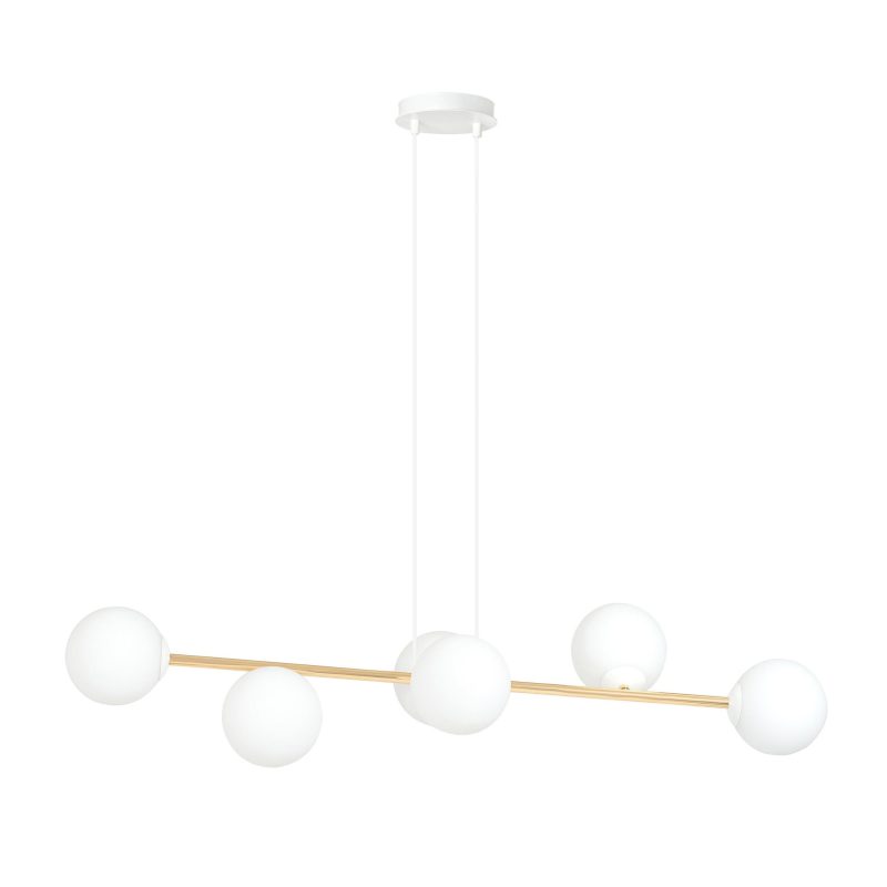 Emibig Lampada a sospensione in ottone e bianco con 6 sfere di vetro opaco bianco