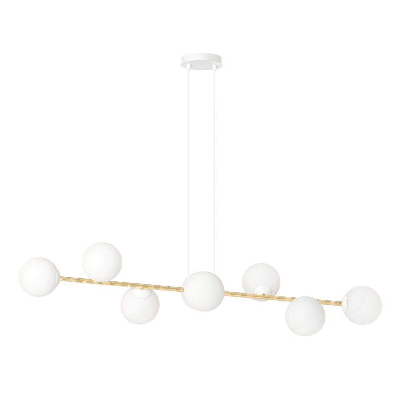 Emibig Lampada a sospensione in ottone e bianco con 8 sfere di vetro bianche