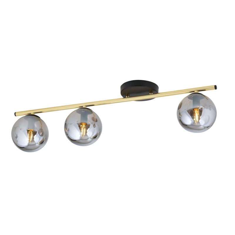 Emibig Lampada da soffitto lunga 3x E14 ottone e nero con sfere di vetro fumé