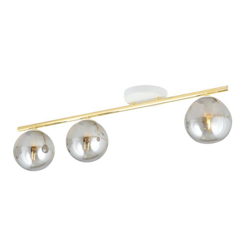 Emibig Lange wit en messing plafondlamp 3x E14 met gerookte glazen bollen