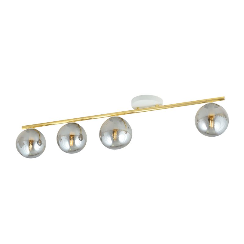 Emibig Lange 4x E14 wit en messing plafondlamp met gerookte glazen bollen