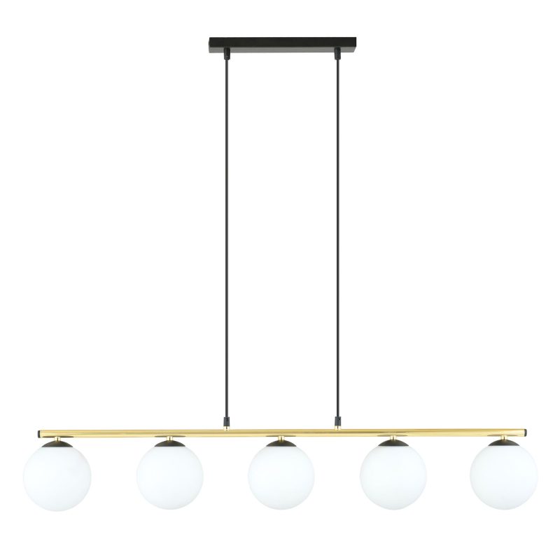 Emibig Lampada a sospensione enormemente lunga nera e ottone con 5x E14 lampadine in vetro satinato
