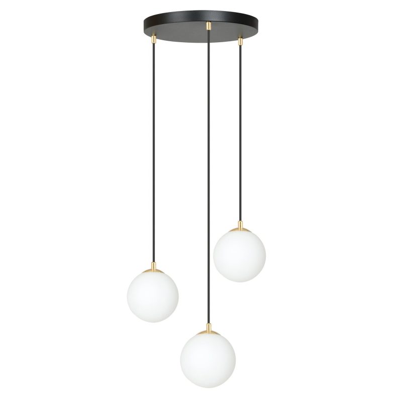 Emibig Lampada a sospensione 3 bulbi nera con ottone e vetro bianco