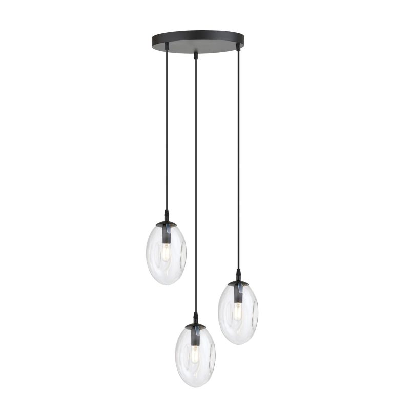 Emibig 3 light black pendant with 3x E14 blown transparent glass