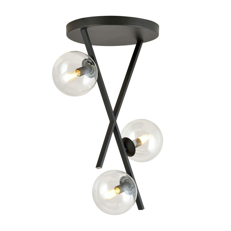 Emibig Lampada da soffitto nera con tige sospese e 3 sfere di vetro trasparente rotonde E14