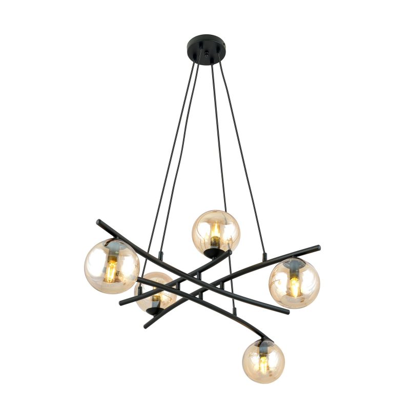 Emibig Lampada a sospensione nera elegante con 5 sfere di vetro ambra E14