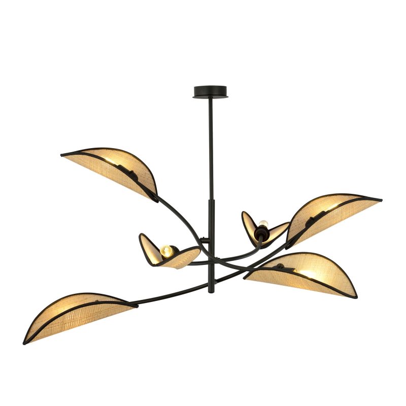 Emibig Lampada a sospensione nera e in rattan con 6 bracci