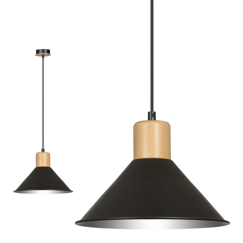 Emibig Lampe suspendue conique noire avec bois E27
