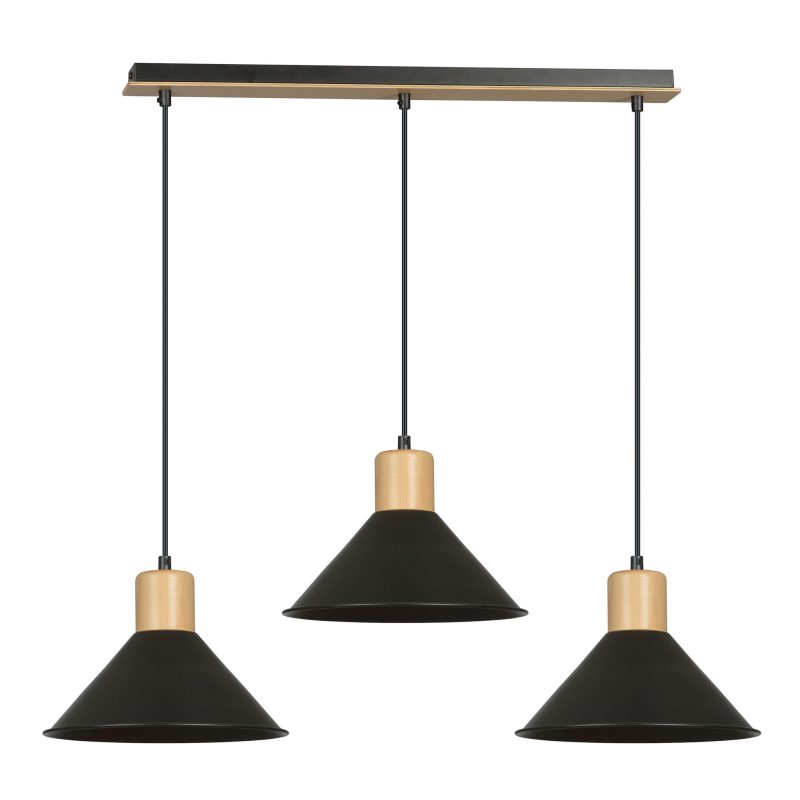 Emibig Vejen lampe suspendue longue noire avec bois 3x E27 abat-jours coniques