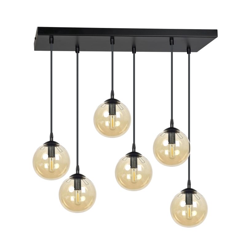 Emibig Glostrup breite schwarze Hängeleuchte mit 6 Lampen und bernsteinfarbenem Glas für E14-Lampen