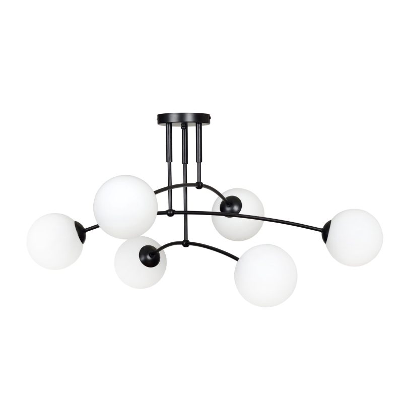 Emibig Lahti lampada da soffitto curva tripla nera con 6 x E14 lampadina in vetro bianco