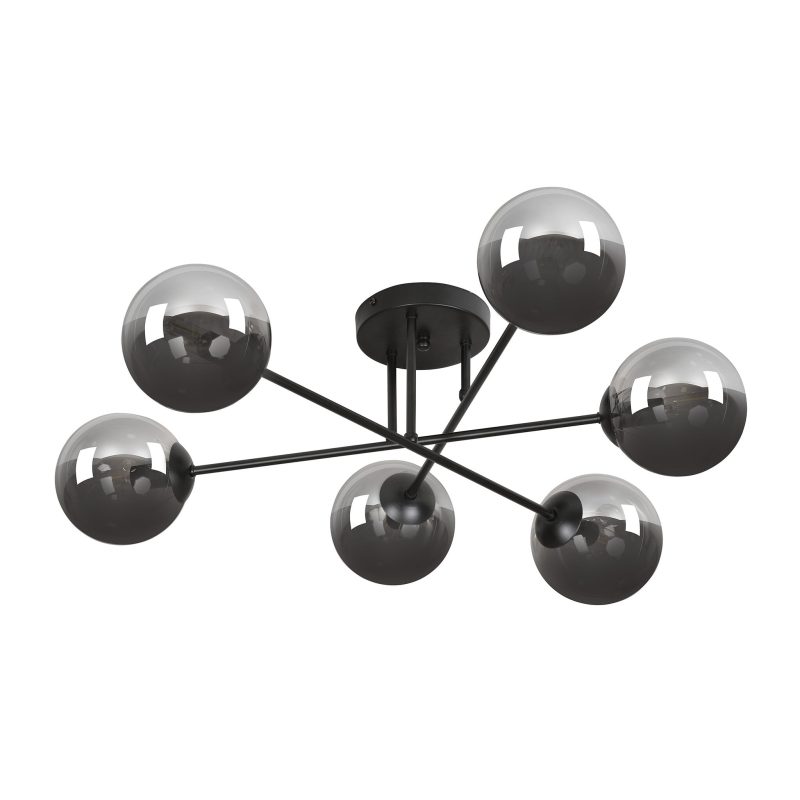 Emibig Kangasala lampada da soffitto rotonda giocosa 6L nera con lampadine in vetro fumé E14