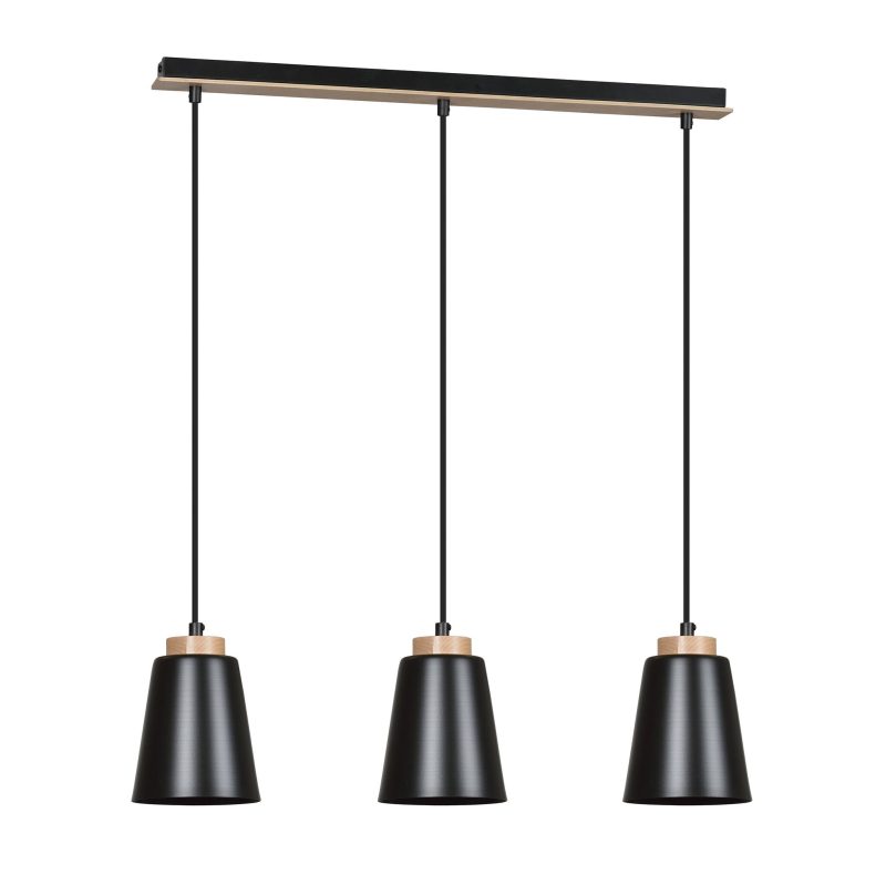 Emibig Kaarina lange 3L schwarze Pendelleuchte mit Holz 3x E27