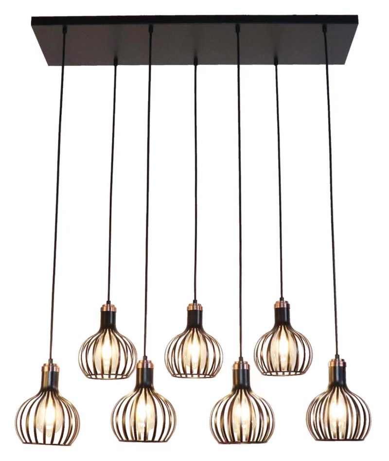 Fantasia Raga pendant light with 7 E27 sockets, black and copper steel