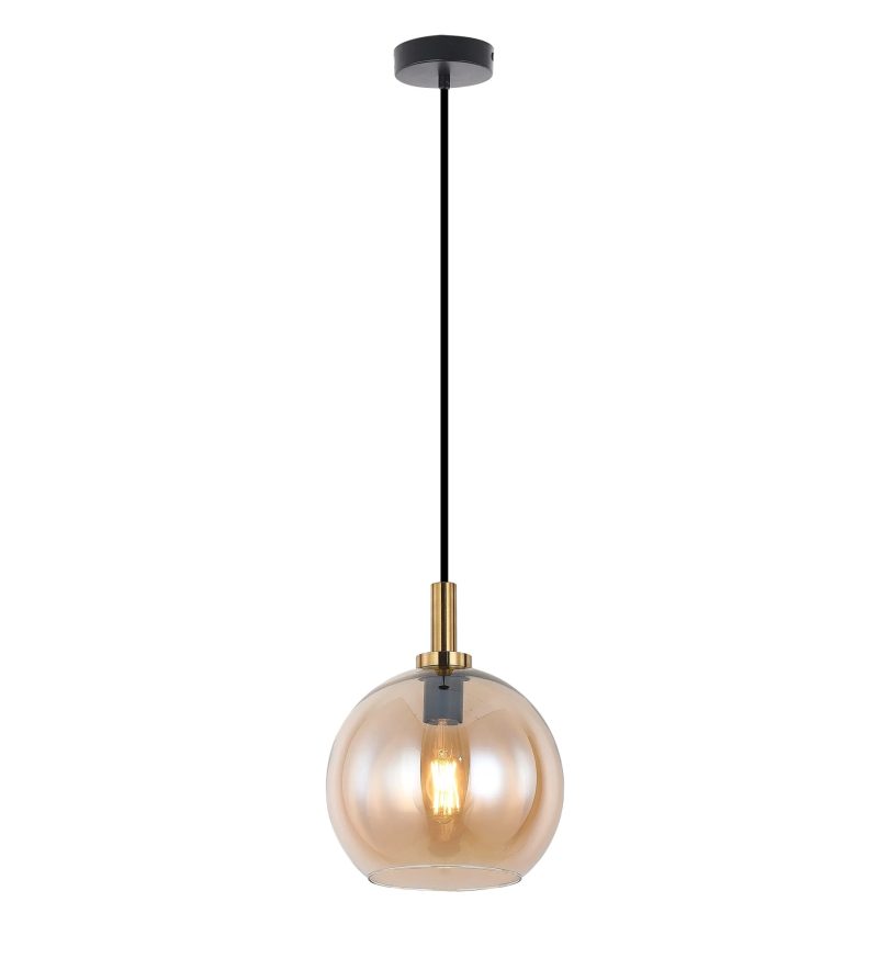 Fantasia Osira Pendelleuchte E27 schwarz-gold, Bernsteinglas Ø250mm