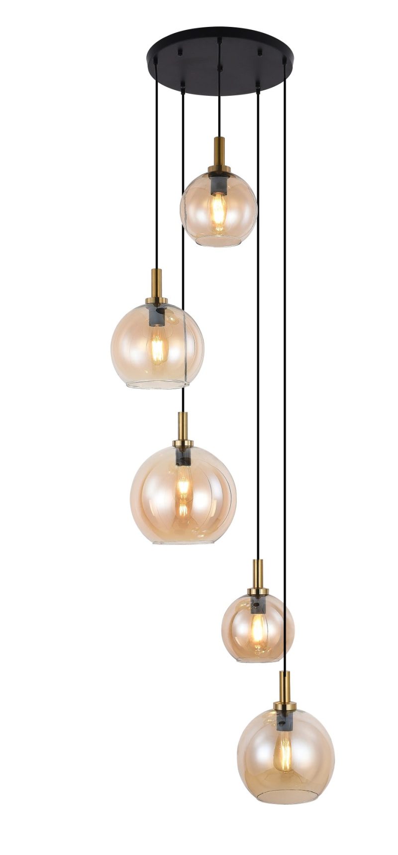 Fantasia Osira pendant light E27 5-light, black-gold with amber glass shades