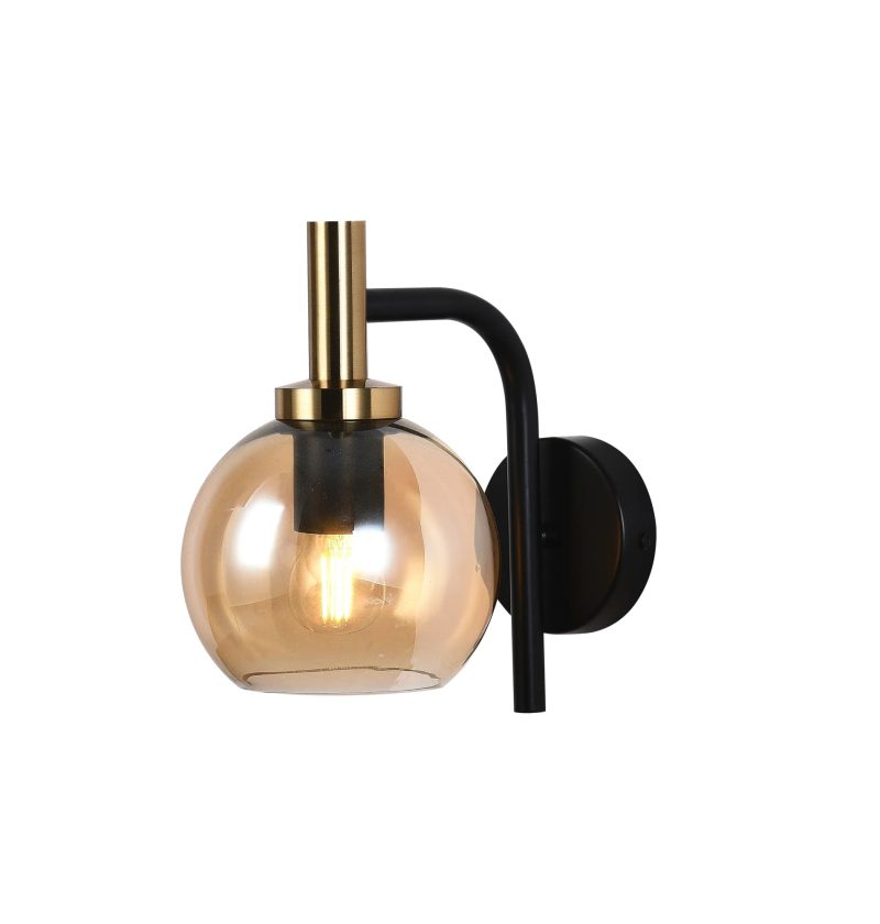 Fantasia Osira Wandleuchte E27 schwarz-gold, Bernsteinglas Ø150mm