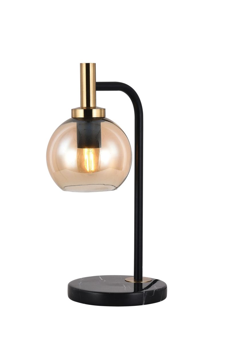 Fantasia Osira table lamp E27 black-gold base, amber glass shade Ø150mm